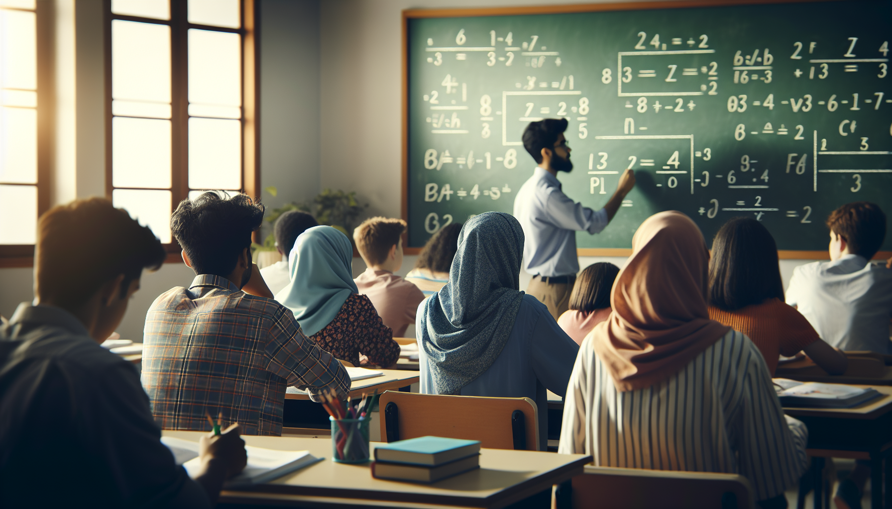 Grupa uczniów siedzących w klasie podczas lekcji matematyki, z nauczycielem przy tablicy