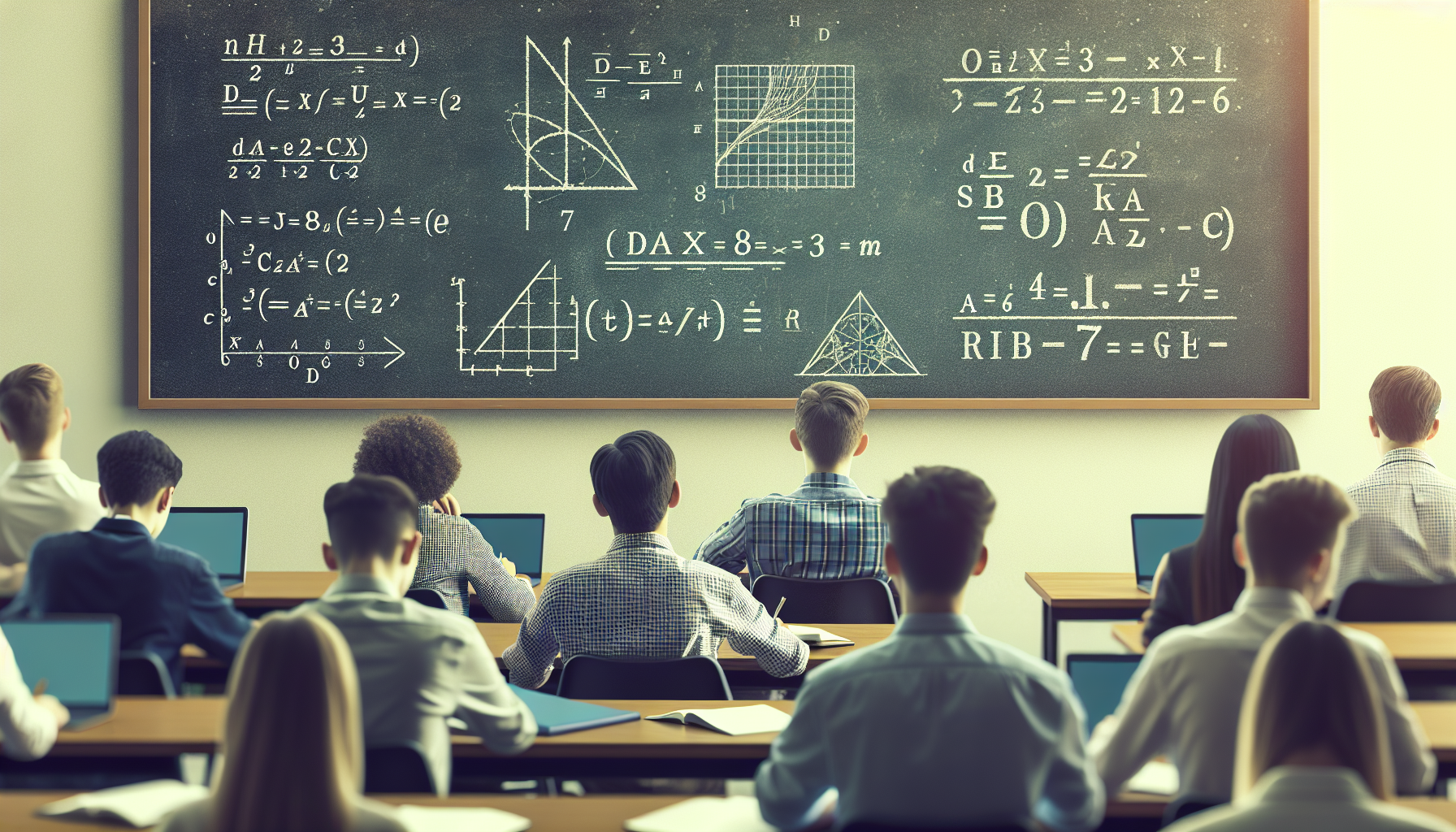 Uczniowie rozwiązujący równania kwadratowe w klasie, tablica i zeszyty
