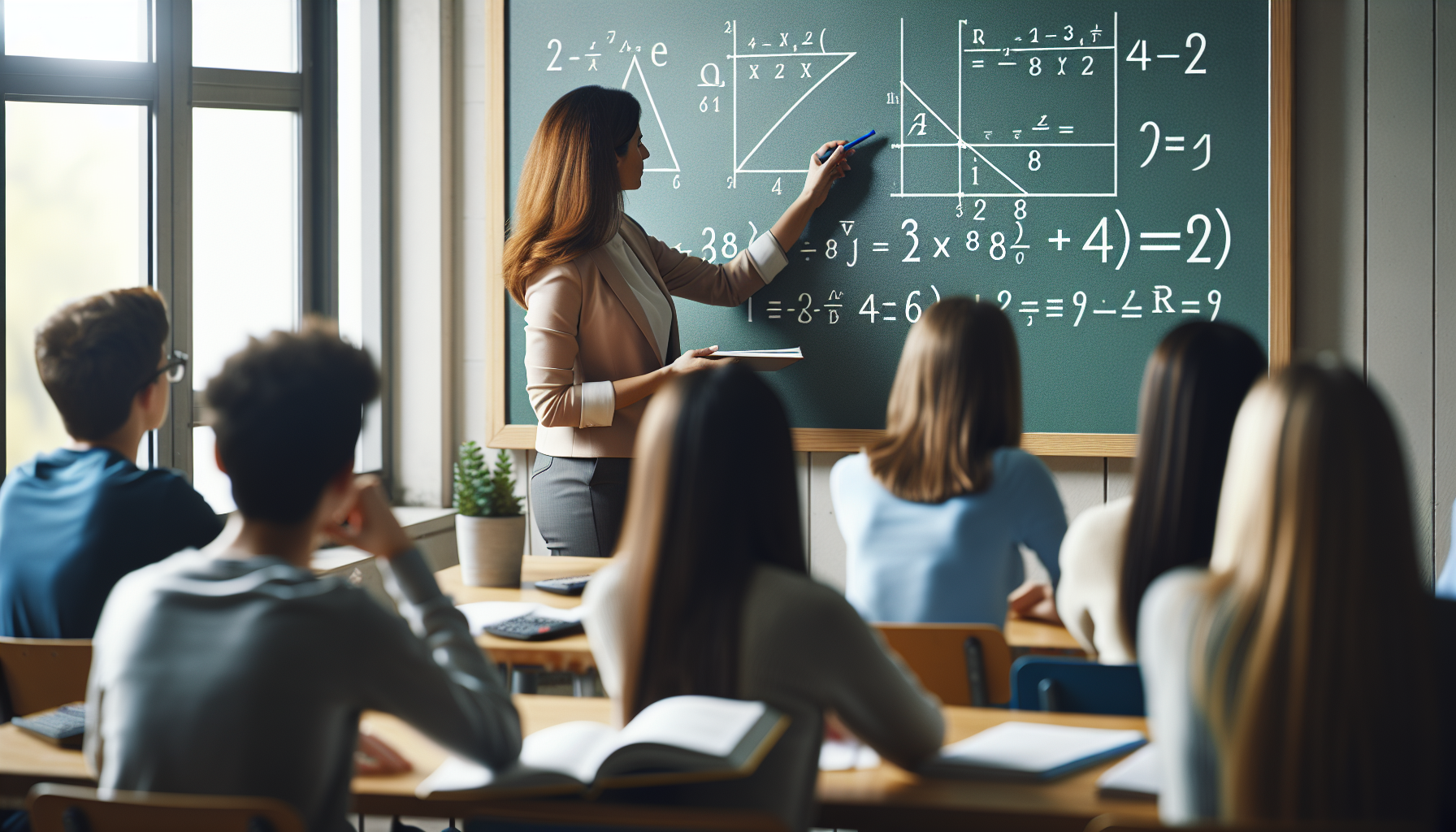 Nauczyciel wyjaśniający równania kwadratowe uczniom przy tablicy