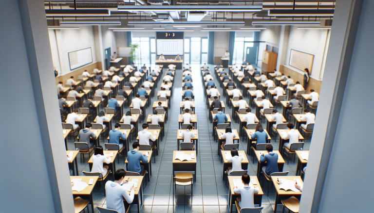Sala egzaminacyjna z uczniami piszącymi egzamin z matematyki, widok z góry na salę pełną biurek i uczniów skupionych na pracy.