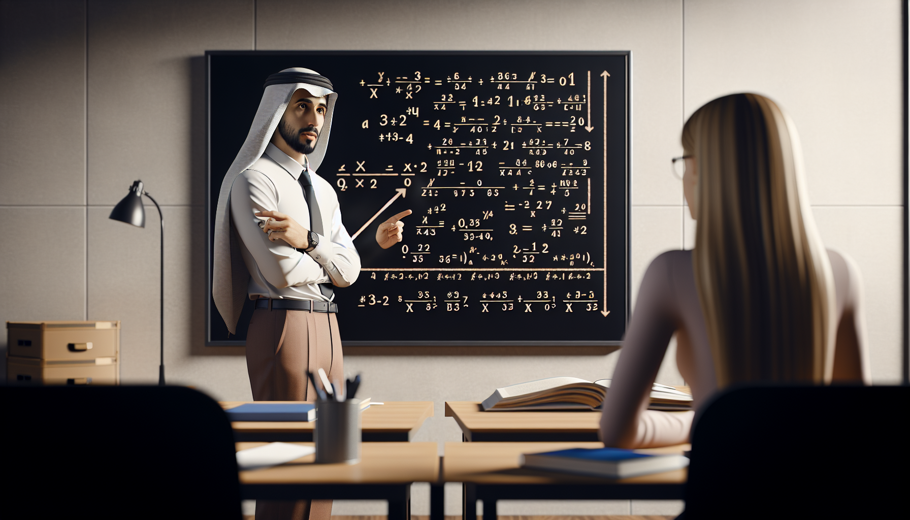 Nauczyciel wyjaśniający uczniowi zadanie matematyczne przy tablicy