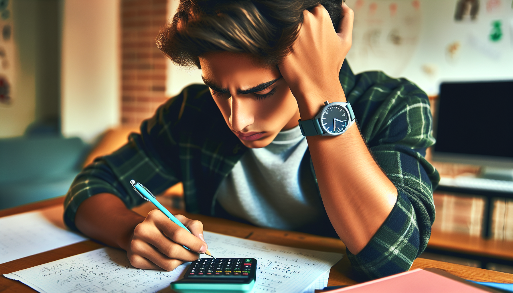 Uczeń z zegarkiem na ręku rozwiązujący zadania matematyczne przy biurku
