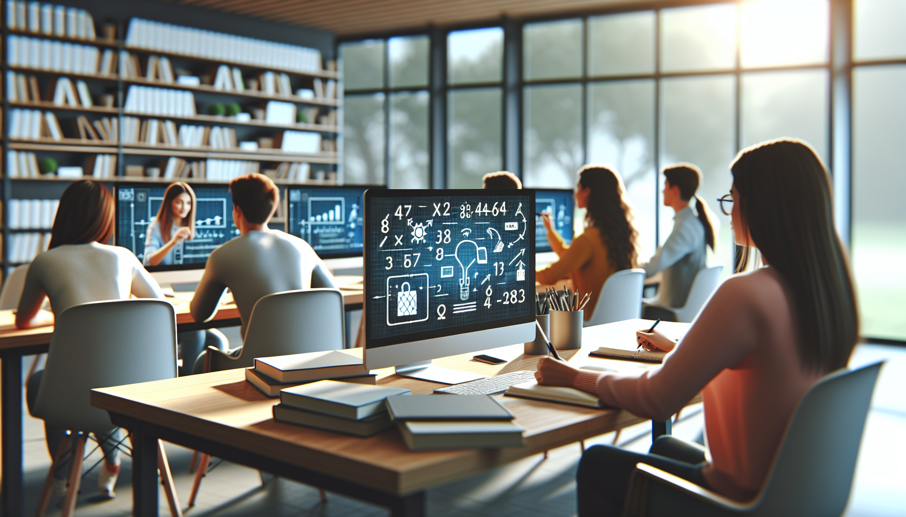 Grupa uczniów podczas zajęć online z matematyki, korzystających z nowoczesnych technologii