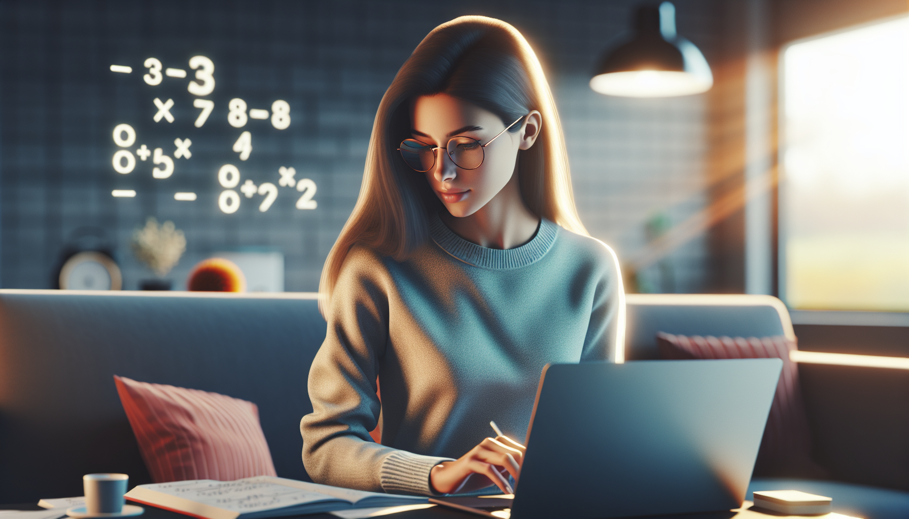 Studentka ucząca się z laptopem w nowoczesnym wnętrzu, jasne oświetlenie, widok z boku