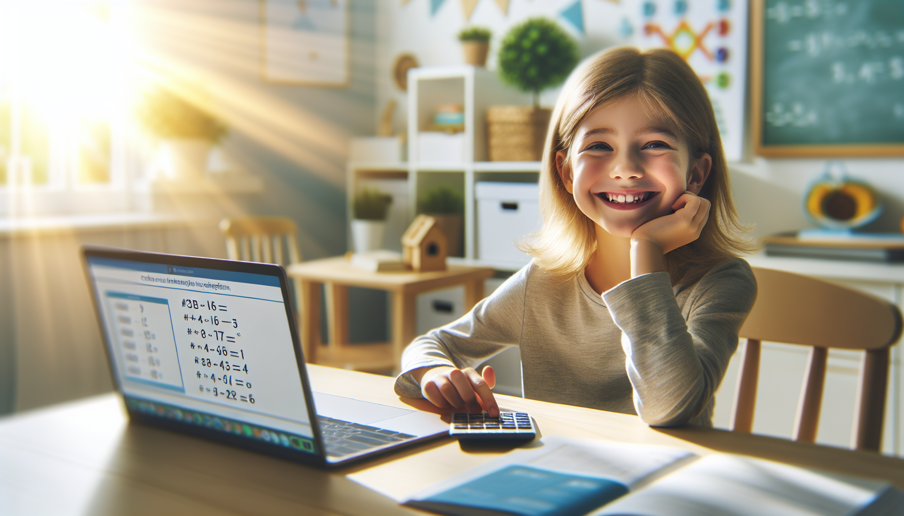 Dziecko z uśmiechem pracujące nad zadaniem matematycznym przy biurku w jasnym pokoju, naturalne światło