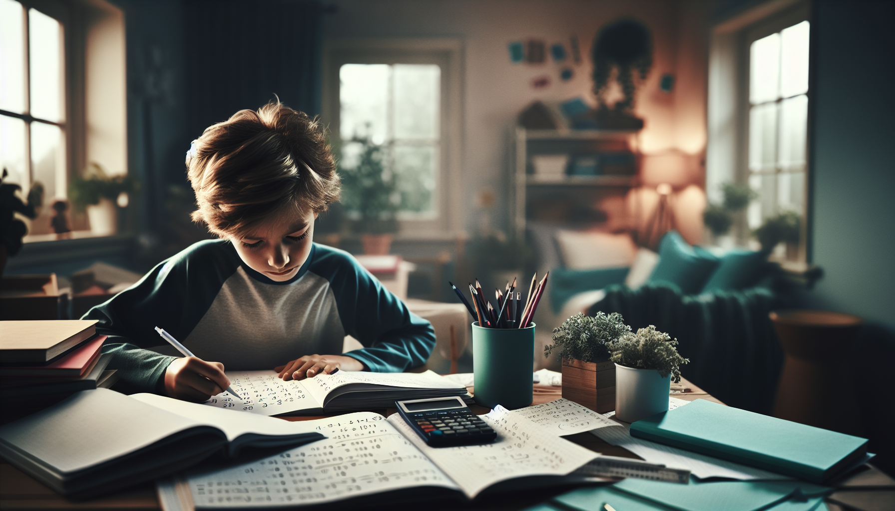 Dziecko rozwiązujące zadania matematyczne w domu