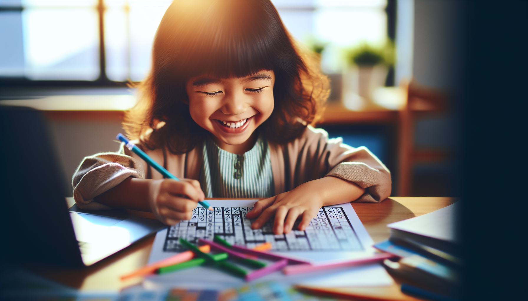 Uśmiechnięte dziecko rozwiązuje sudoku przy biurku w jasnym pokoju, naturalne światło