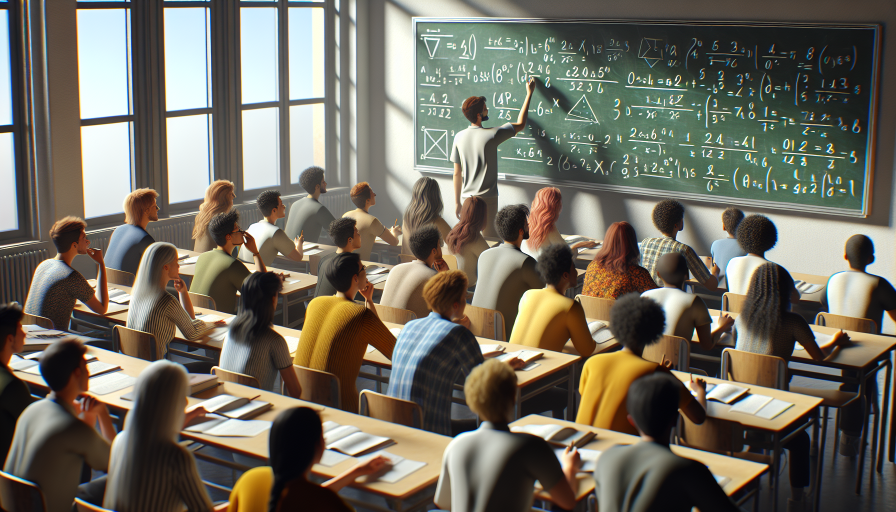 Zespół uczniów rozwiązuje łamigłówki matematyczne na tablicy w klasie, jasne światło dzienne