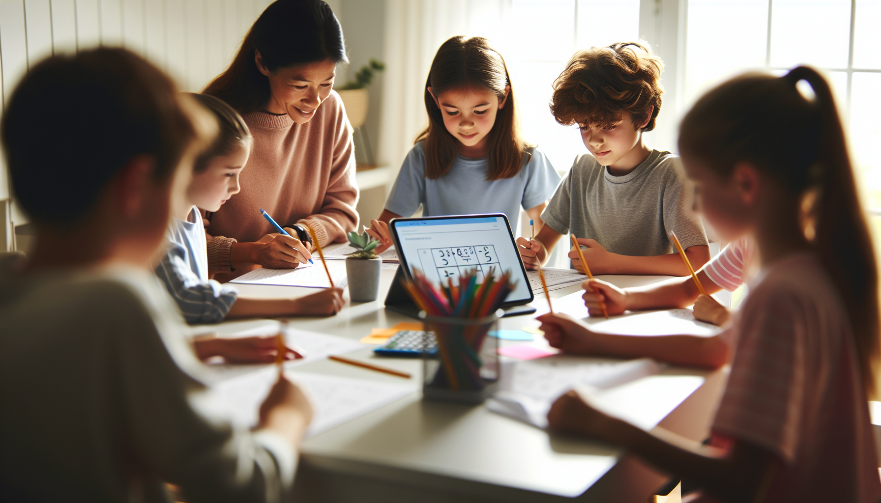 Grupa dzieci siedząca przy stole, rozwiązująca łamigłówki matematyczne z nauczycielem, w jasnym pokoju