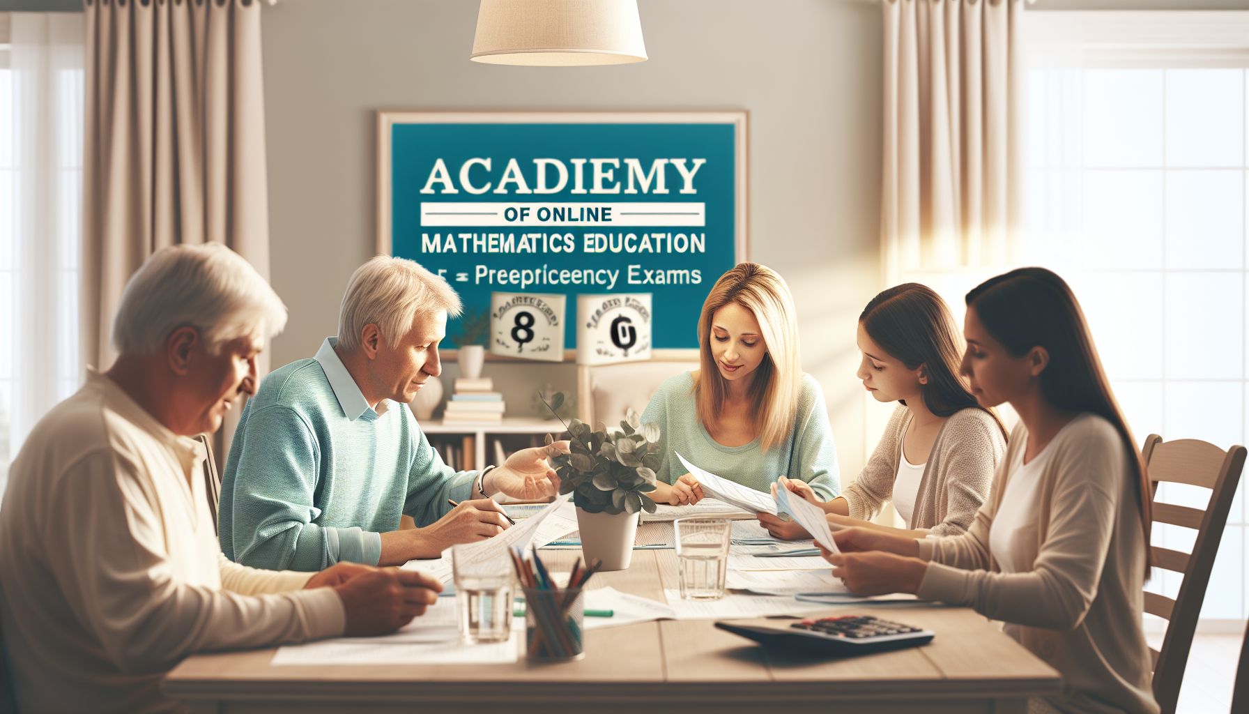 Rodzina siedząca przy stole w jadalni, analizująca finanse domowe, naturalne oświetlenie