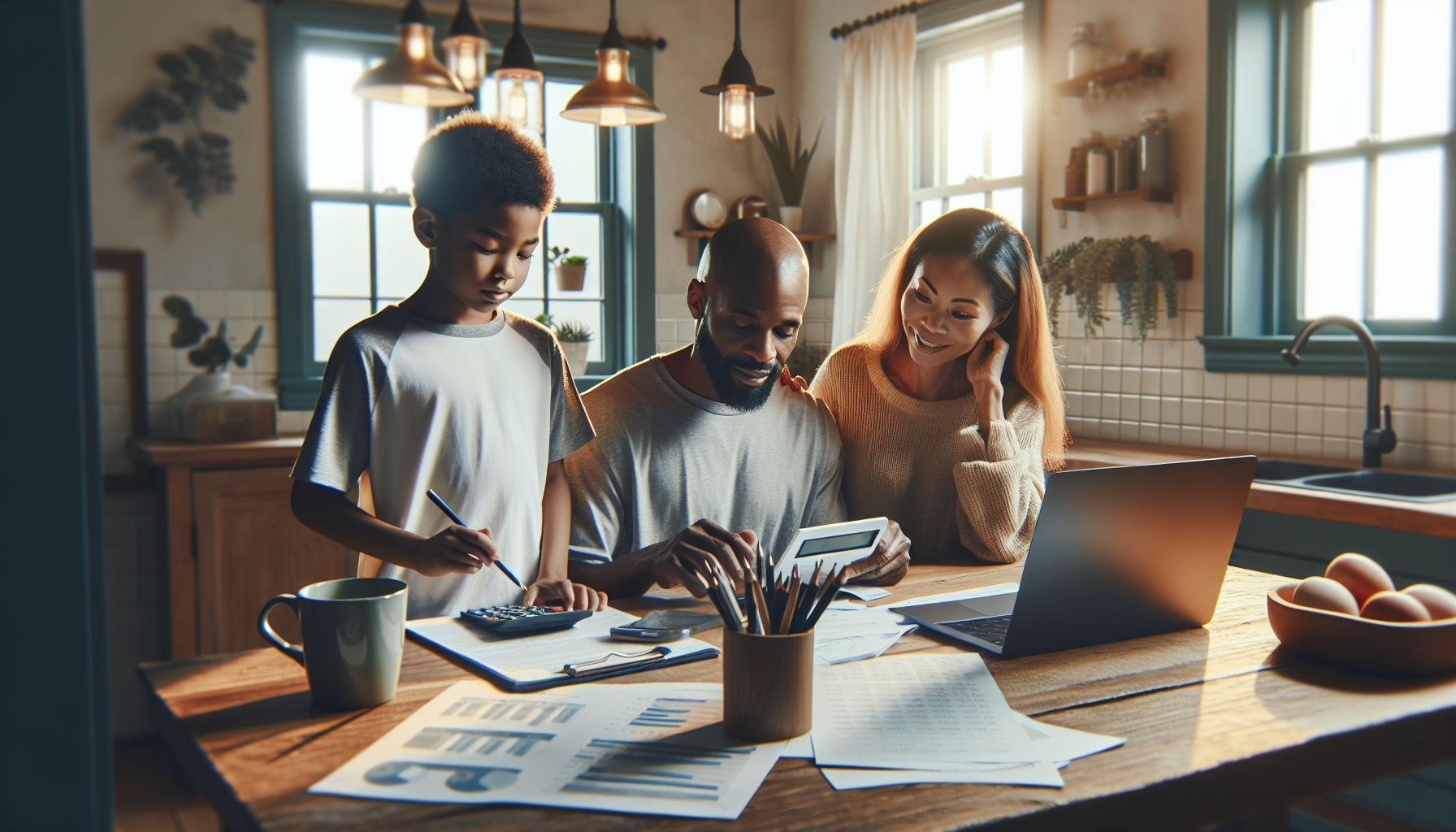 Rodzina analizująca budżet domowy przy stole kuchennym, ciepłe oświetlenie