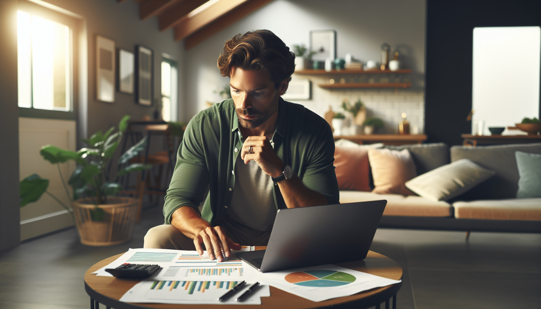 Osoba planująca budżet domowy przy użyciu laptopa, nowoczesne wnętrze