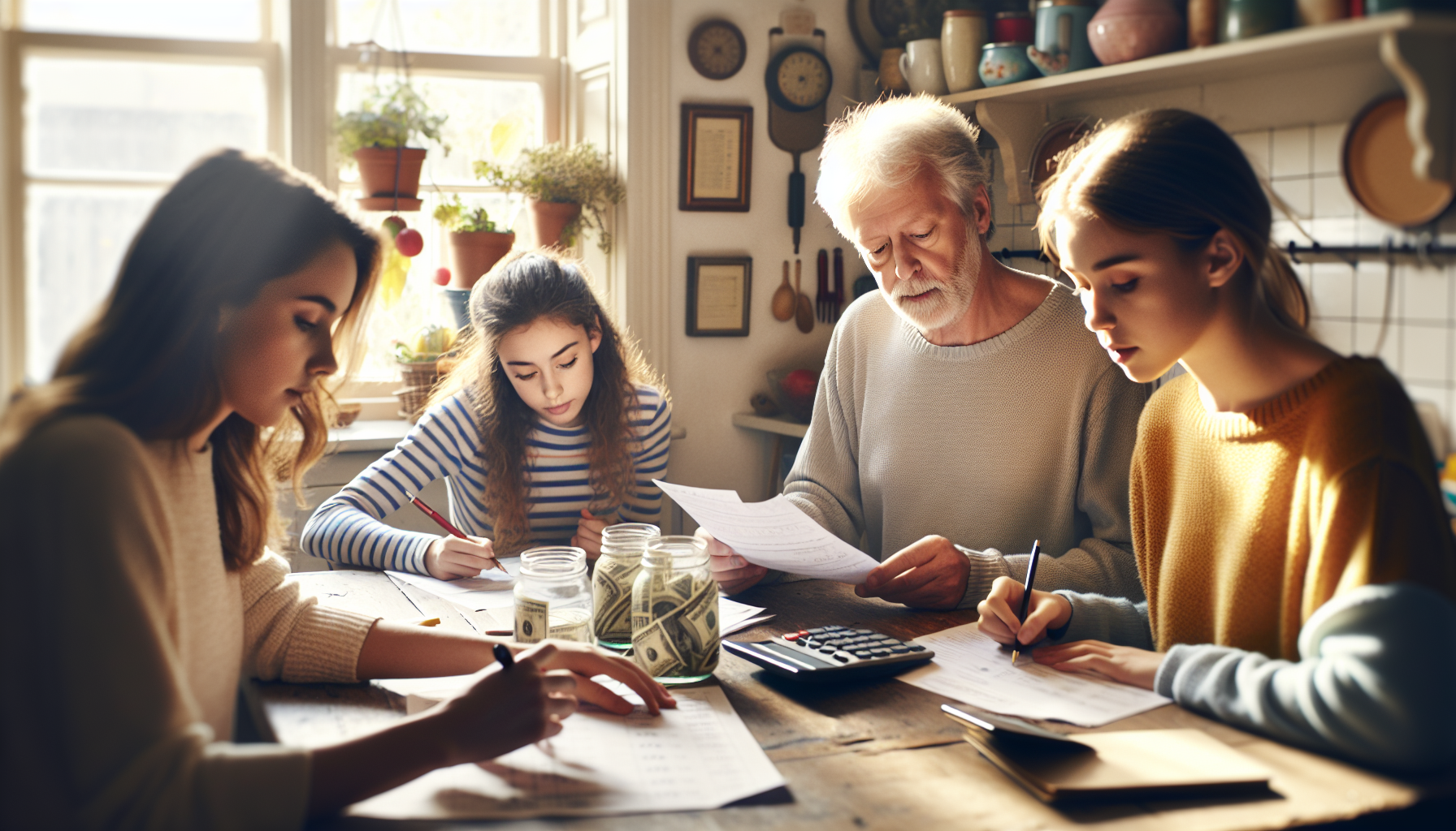 Rodzina siedząca przy stole, przeglądająca rachunki w kuchni, naturalne światło z okna
