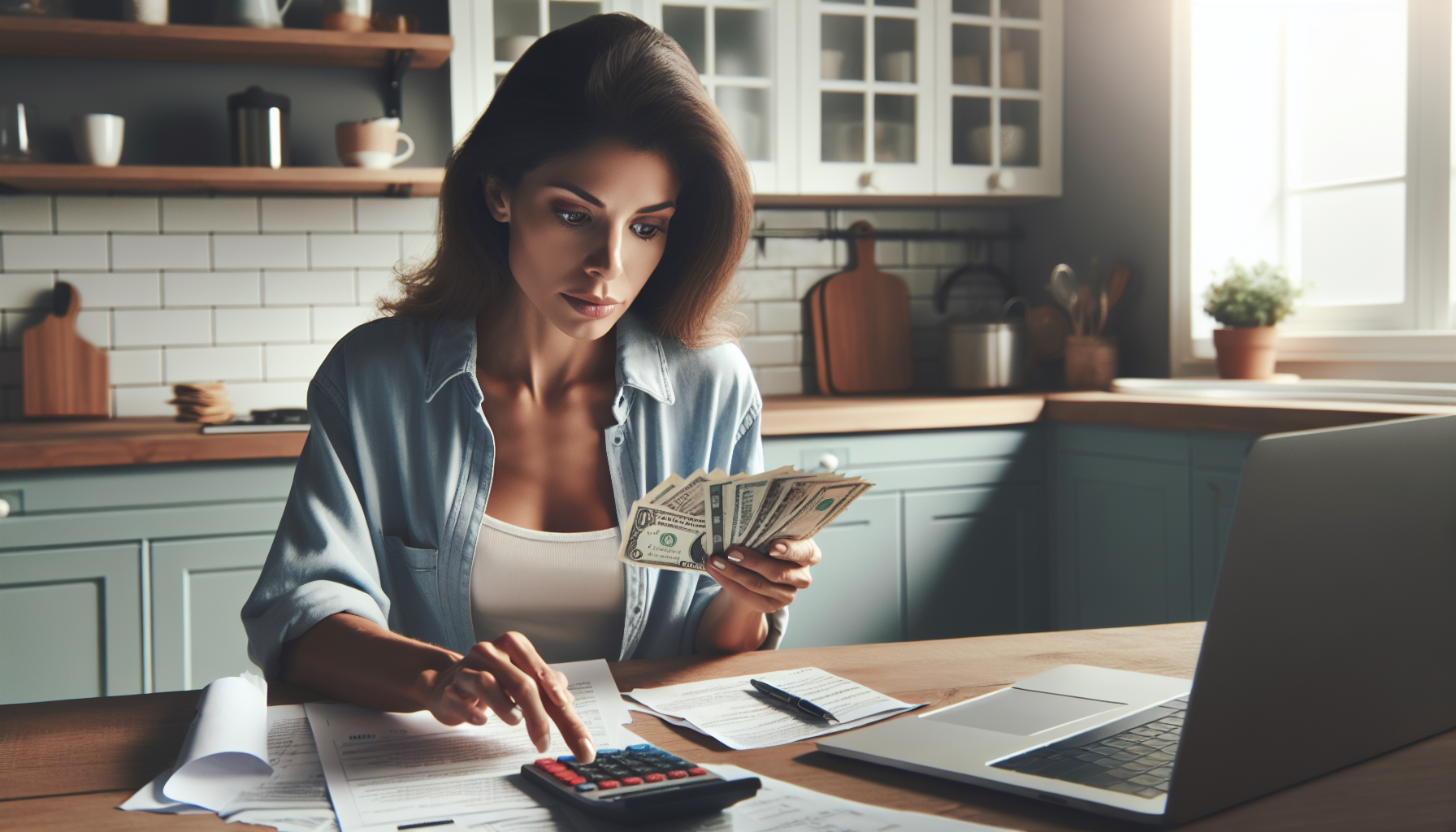 Kobieta analizująca rachunki w kuchni