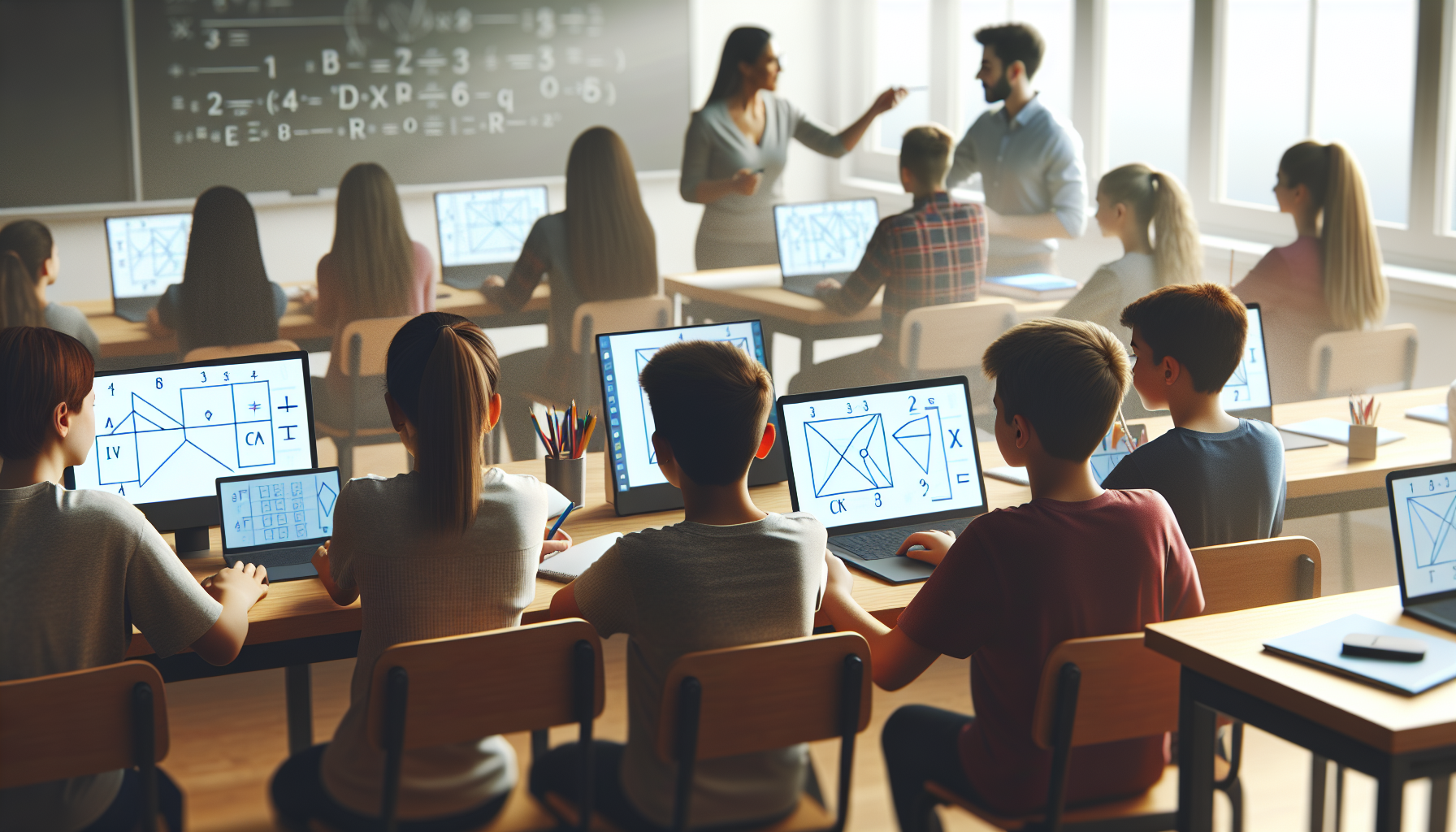 Grupa uczniów w klasie podczas lekcji geometrii, nauczyciel prowadzi zajęcia przy tablicy, naturalne światło