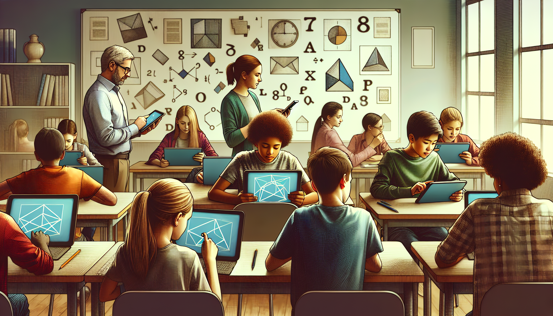 Uczniowie korzystający z tabletu do nauki geometrii w klasie