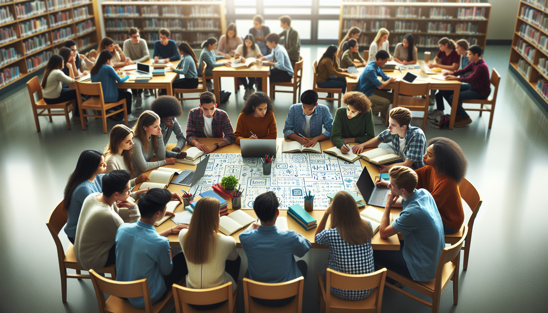 Grupa uczniów z różnych kultur siedzi wspólnie przy stole w bibliotece, dzieląc się pomysłami na naukę matematyki