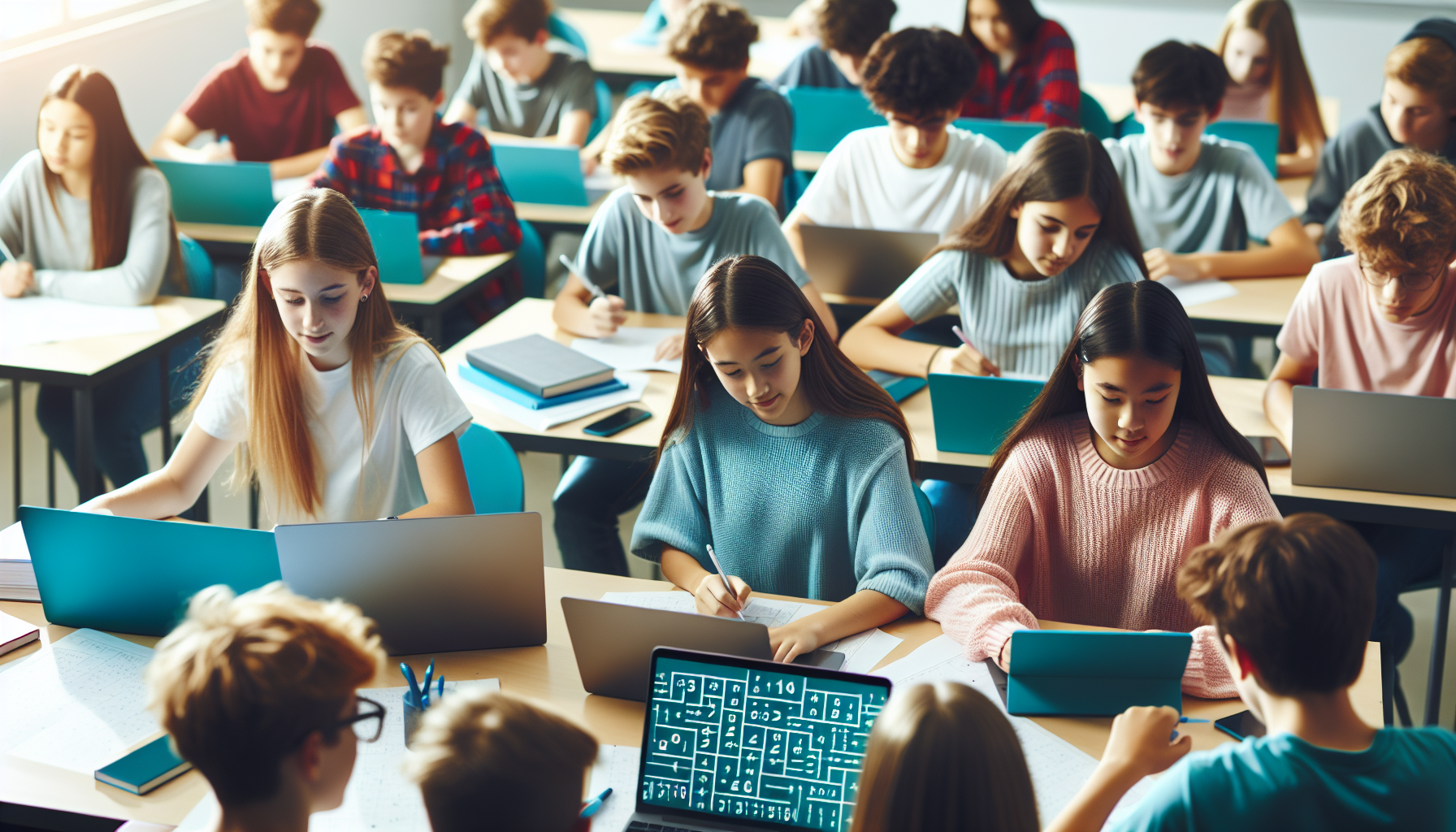 Uczniowie rozwiązujący łamigłówki matematyczne w klasie