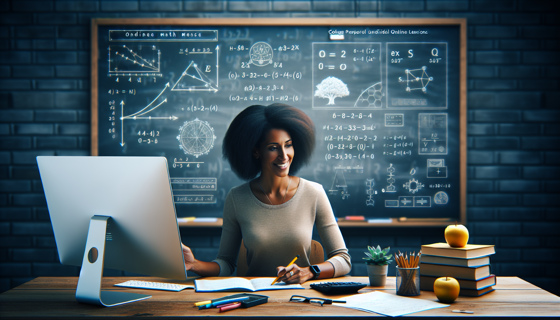 Nauczyciel prowadzący lekcję matematyki online z widocznym ekranem komputera i tablicą w tle, naturalne światło z okna