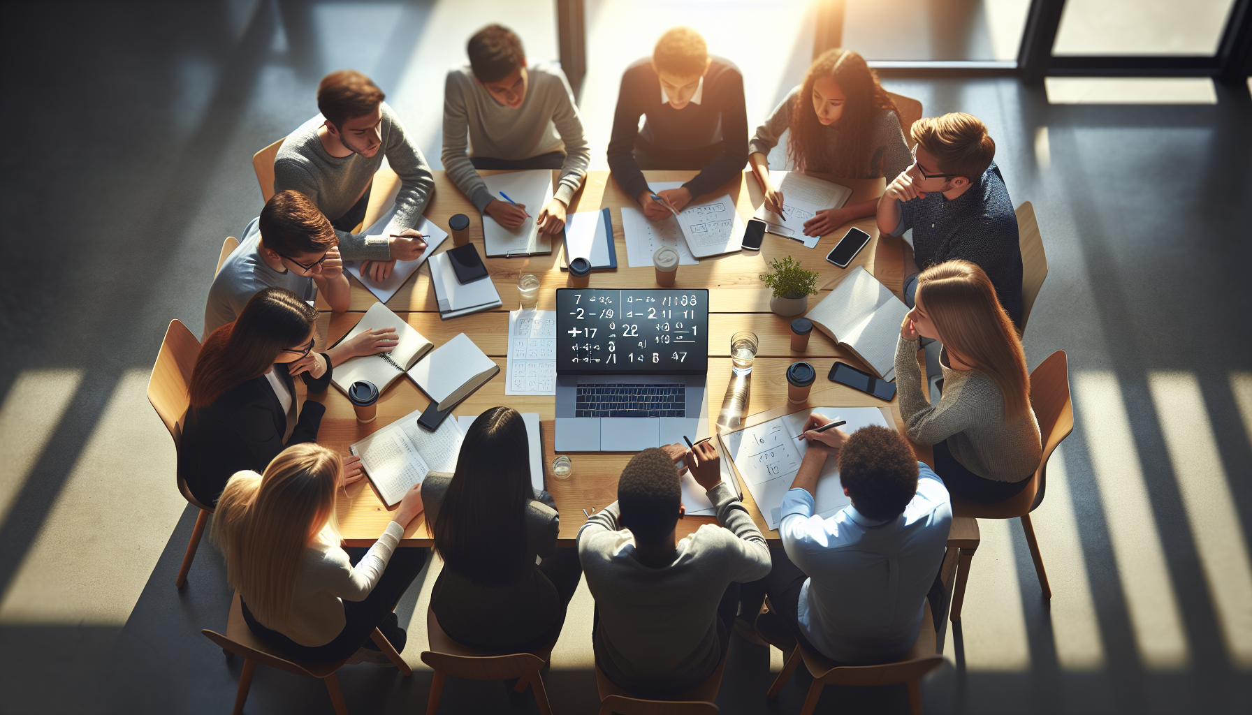 Grupa uczniów pracująca nad zadaniem matematycznym przy stole w klasie, widok z góry, jasne światło dzienne, skupiona atmosfera