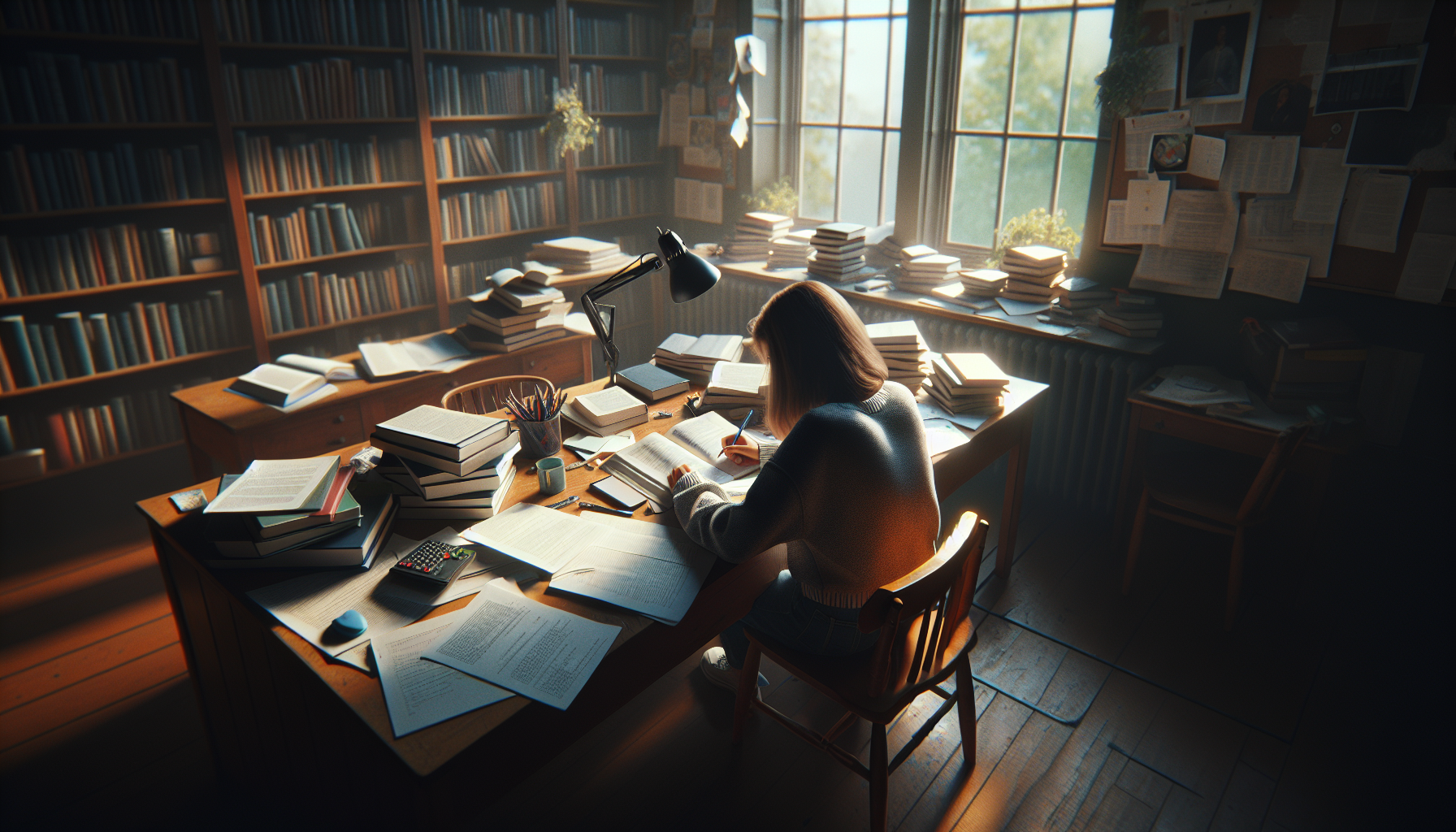 Uczeń przygotowujący się do egzaminu, siedzący przy biurku pełnym książek i notatek, z oknem w tle, w naturalnym świetle dziennym