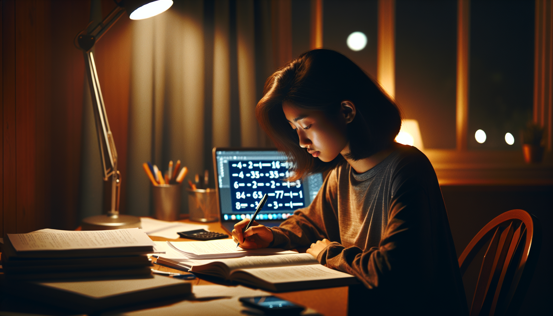 Uczeń analizujący notatki przy biurku