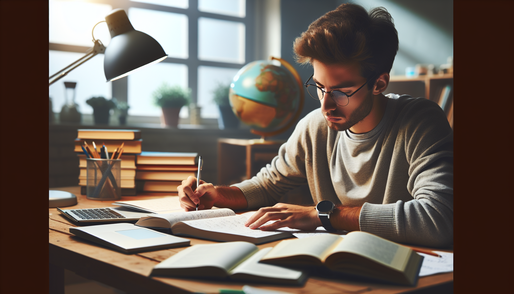Uczeń siedzący przy biurku z książkami, w dobrze oświetlonym pokoju, skupiony na nauce matematyki.
