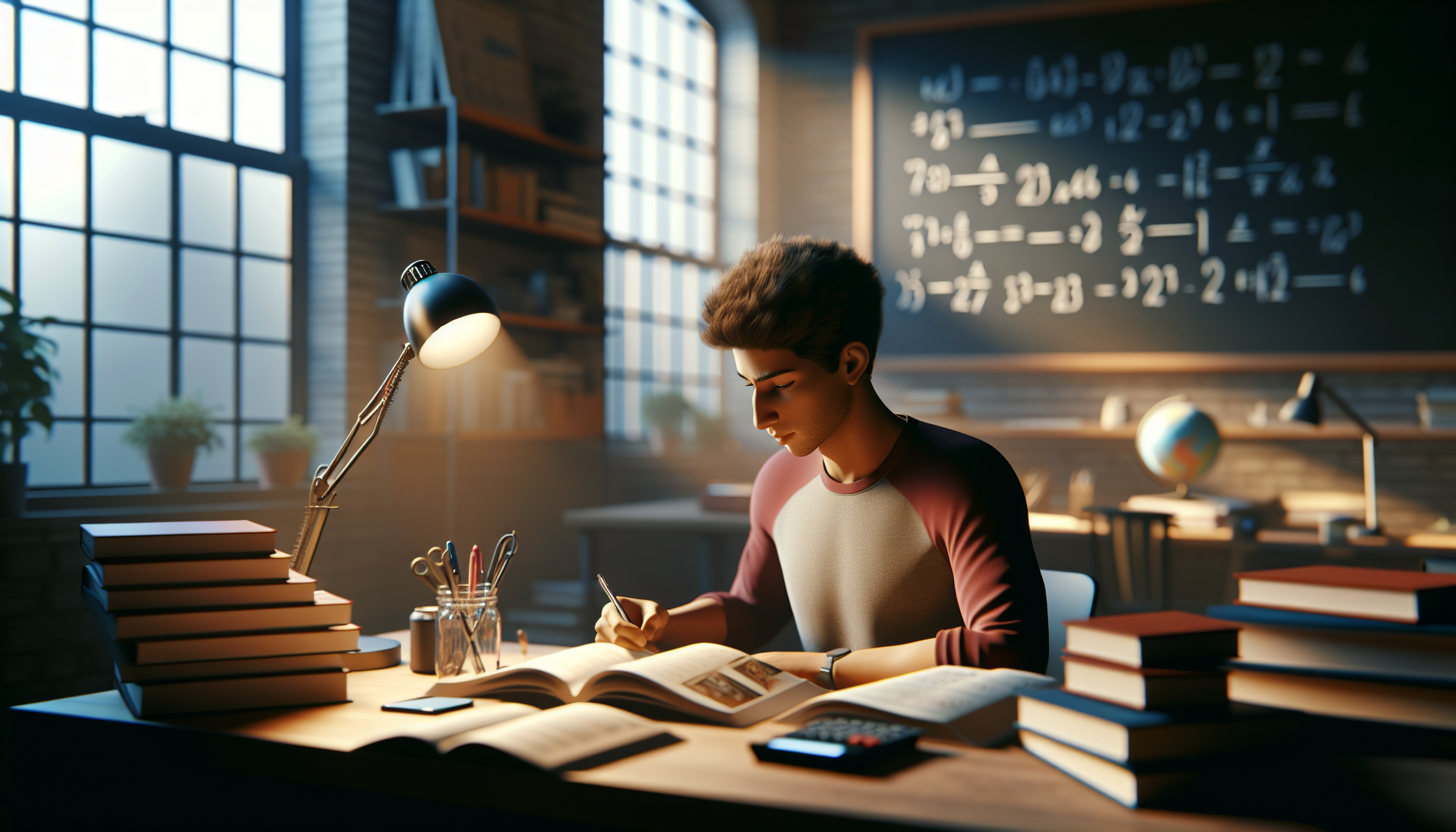 Uczeń siedzący przy biurku w dobrze oświetlonym pokoju, z książkami i notatkami rozłożonymi przed sobą