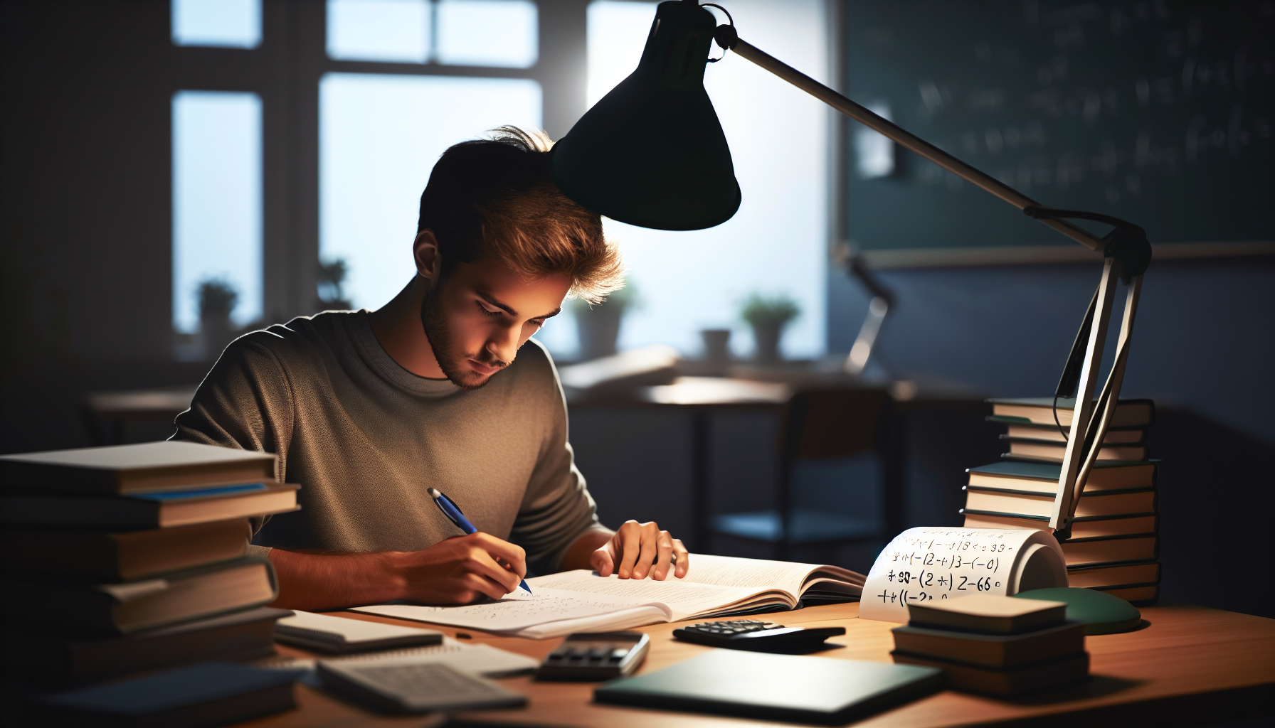 Student siedzący przy biurku, otoczony książkami i notatkami, uczący się matematyki, jasne światło z lampki biurkowej, skupiona atmosfera