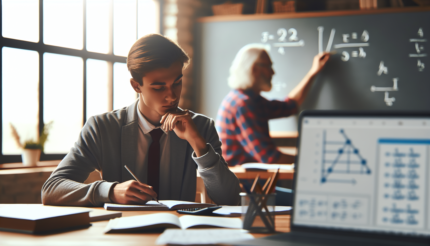 Uczeń przy biurku pracujący nad zadaniem matematycznym, naturalne światło