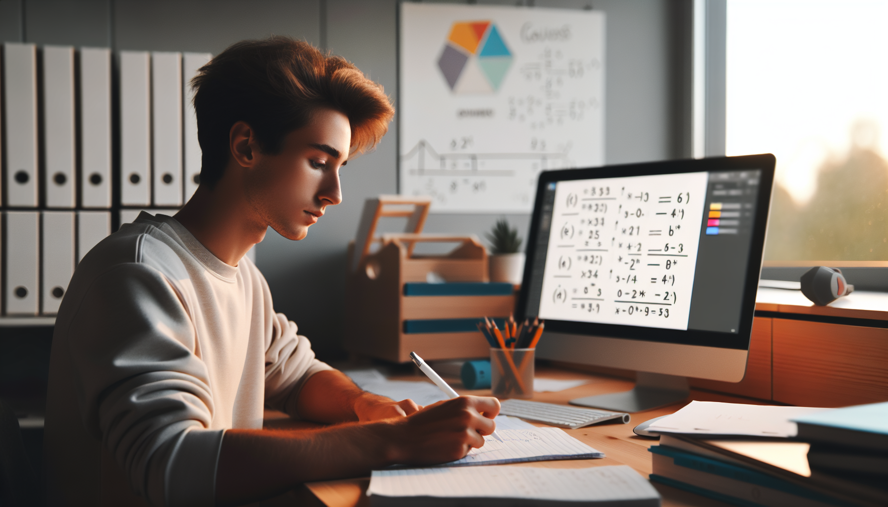 Uczeń rozwiązujący zadanie tekstowe z matematyki przy biurku