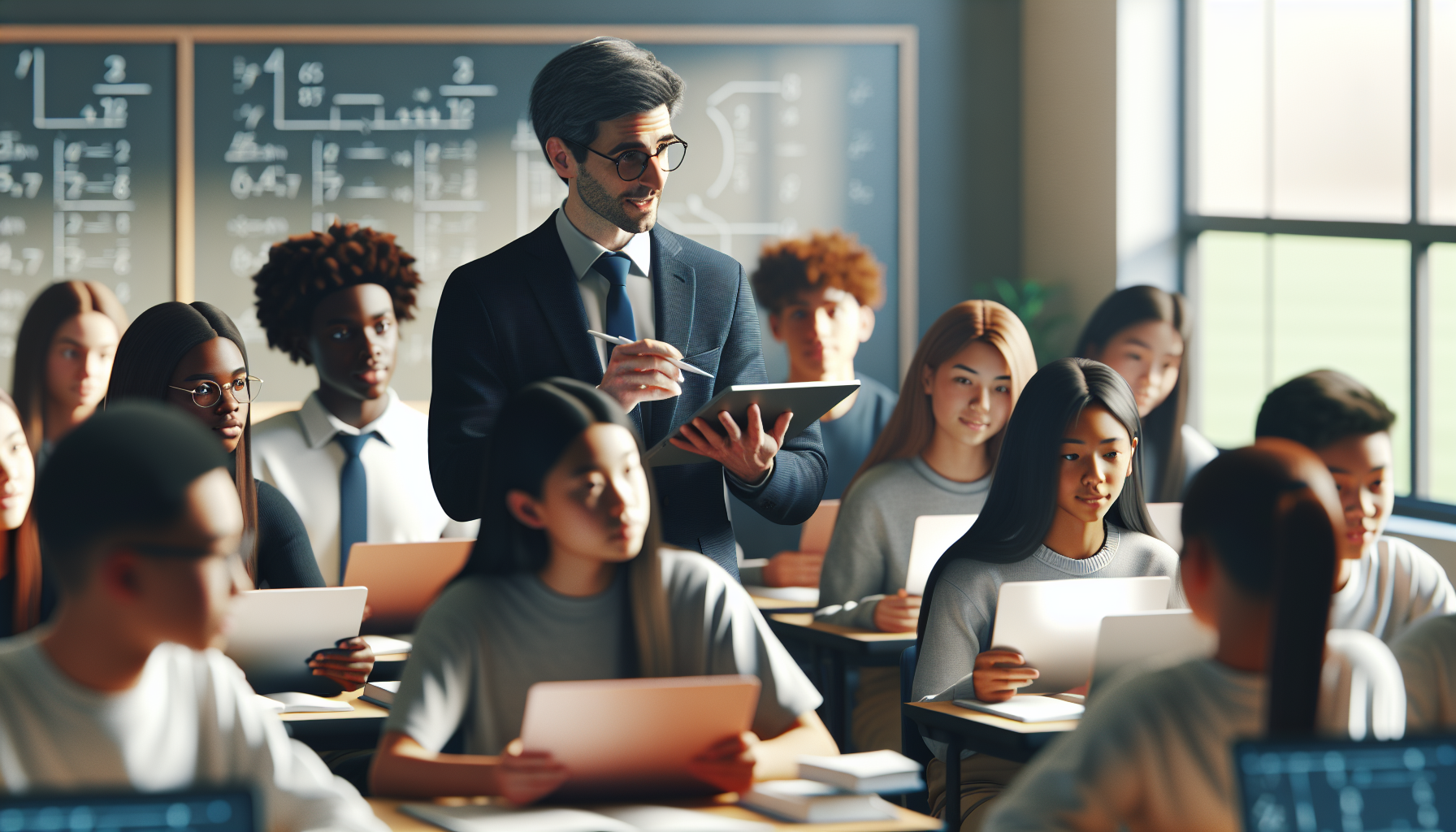 Nauczyciel tłumaczący uczniom rozwiązania zadań tekstowych