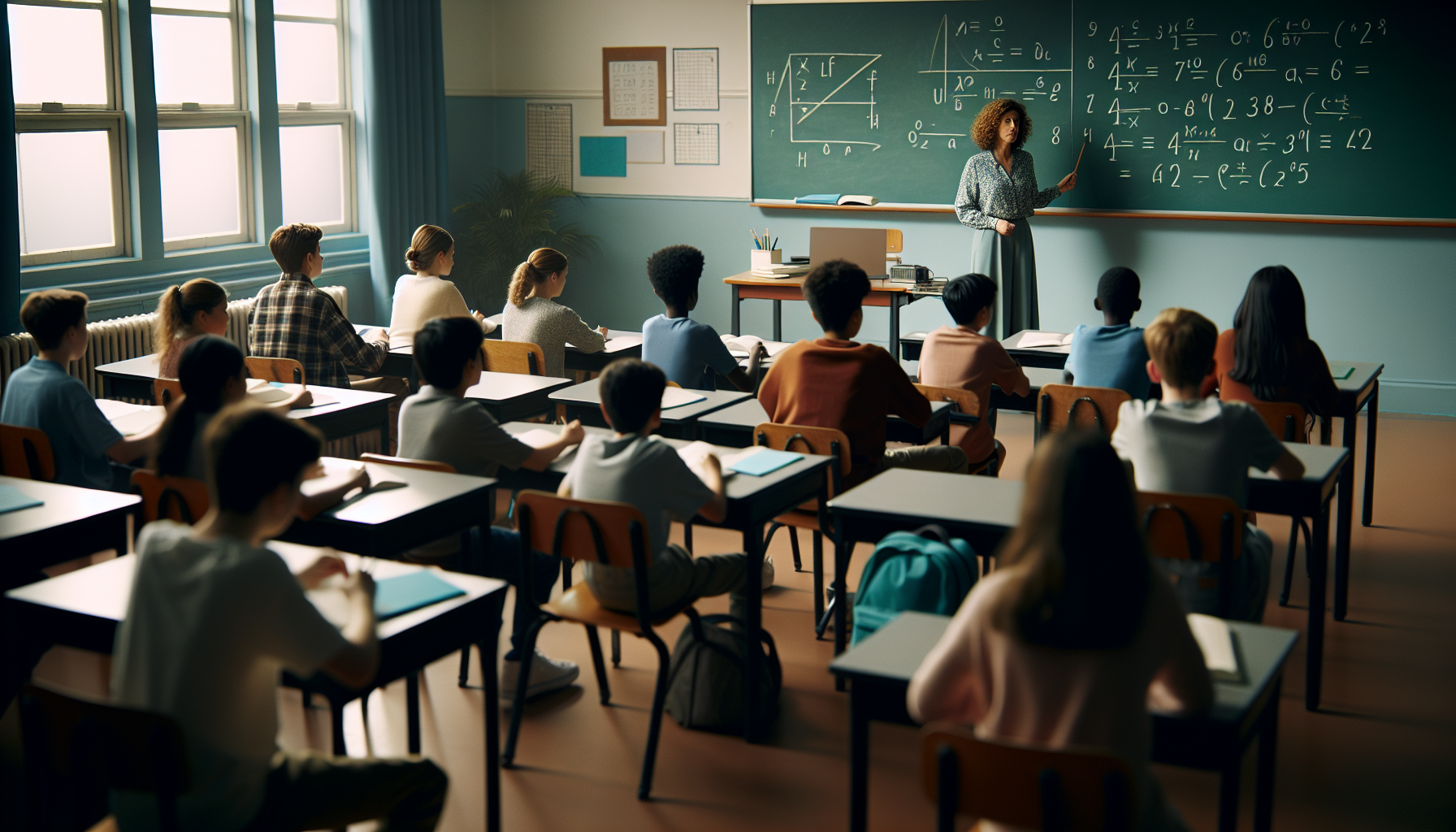 Uczniowie siedzący przy biurkach w klasie matematycznej z nauczycielem przy tablicy