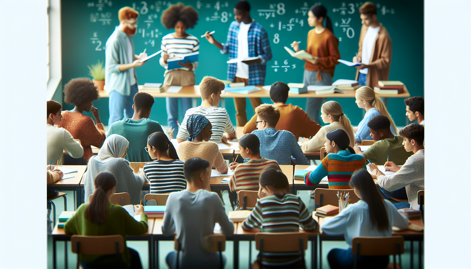 Uczniowie rozwiązujący problemy matematyczne przy tablicy w klasie