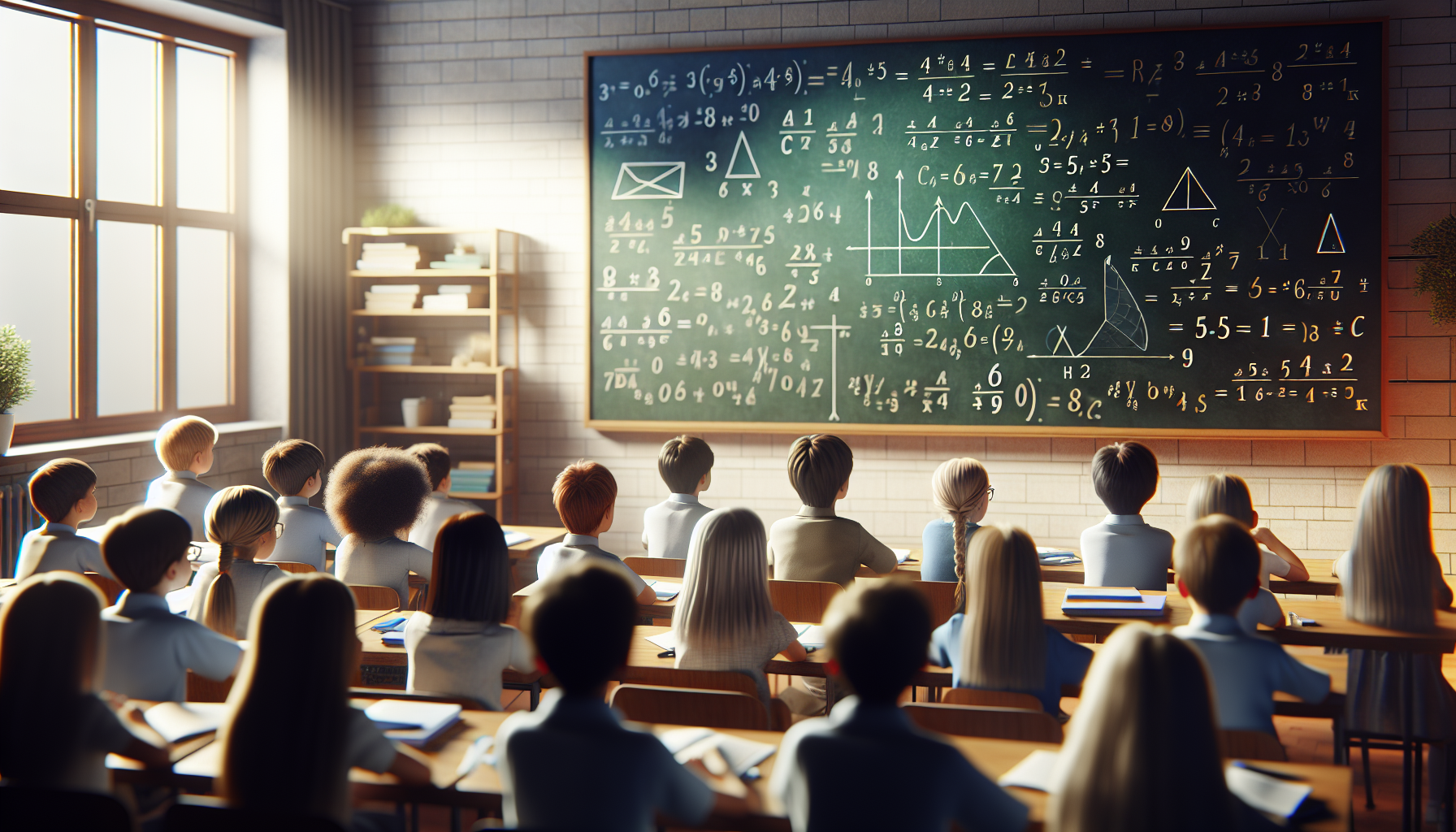 Dzieci w klasie skupione na tablicy z zapisanymi równaniami matematycznymi, oświetlone naturalnym światłem z okna