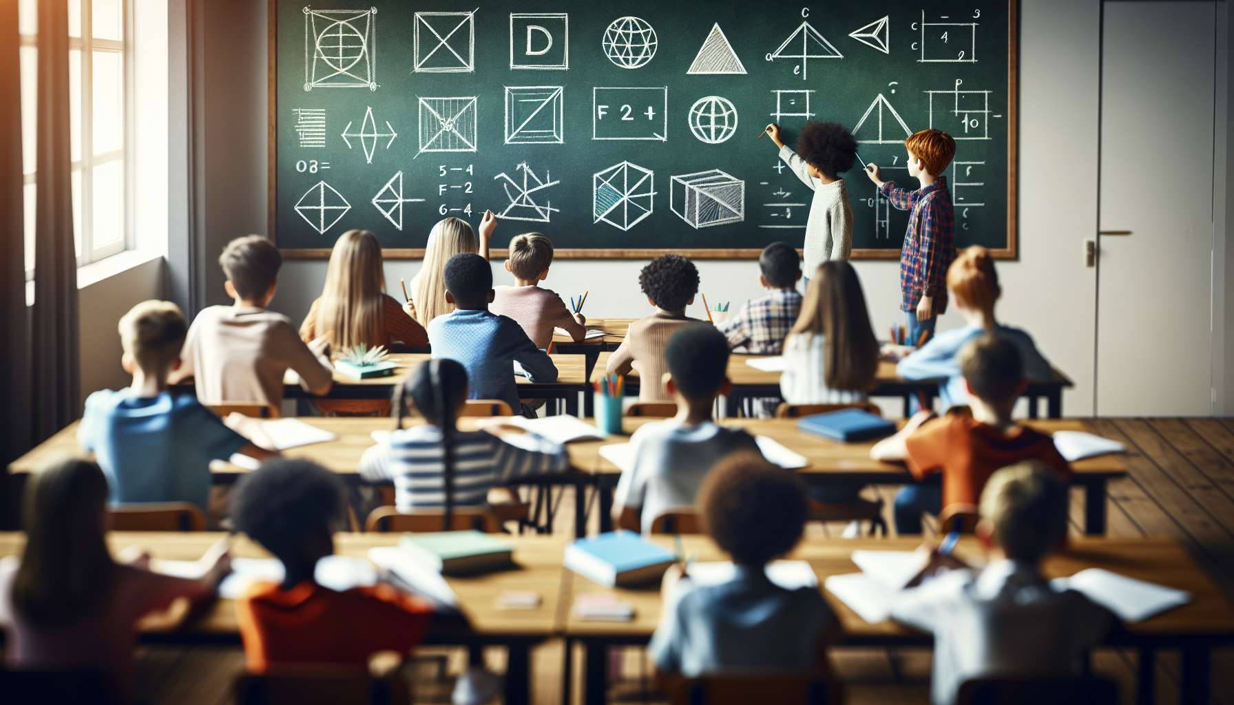 Dzieci w klasie rysujące figury geometryczne na tablicy