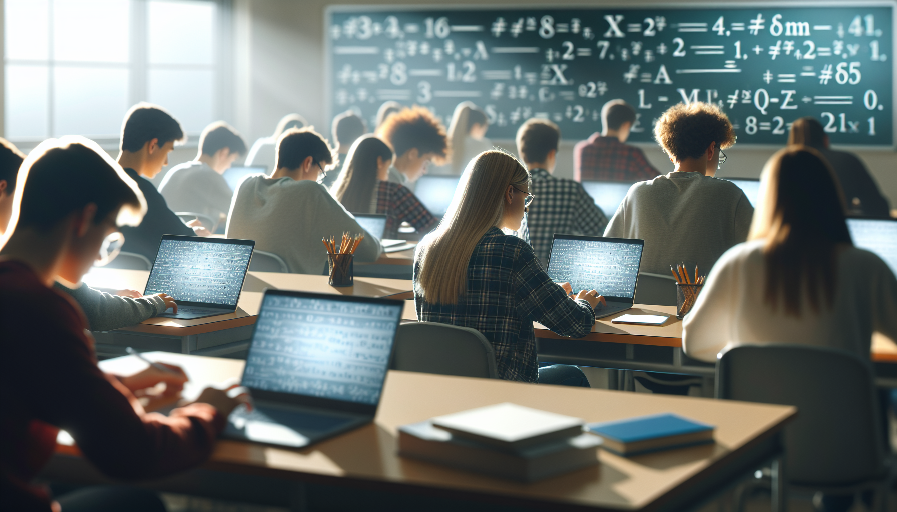 Uczniowie analizujący dane na laptopach w klasie