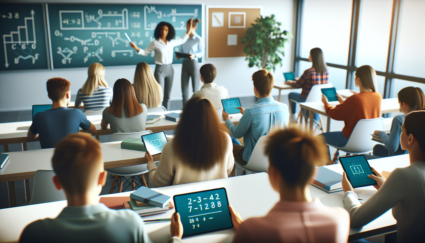 Uczniowie i nauczyciel w nowoczesnej klasie korzystający z tabletów i tablicy interaktywnej, jasne oświetlenie, dynamiczna atmosfera