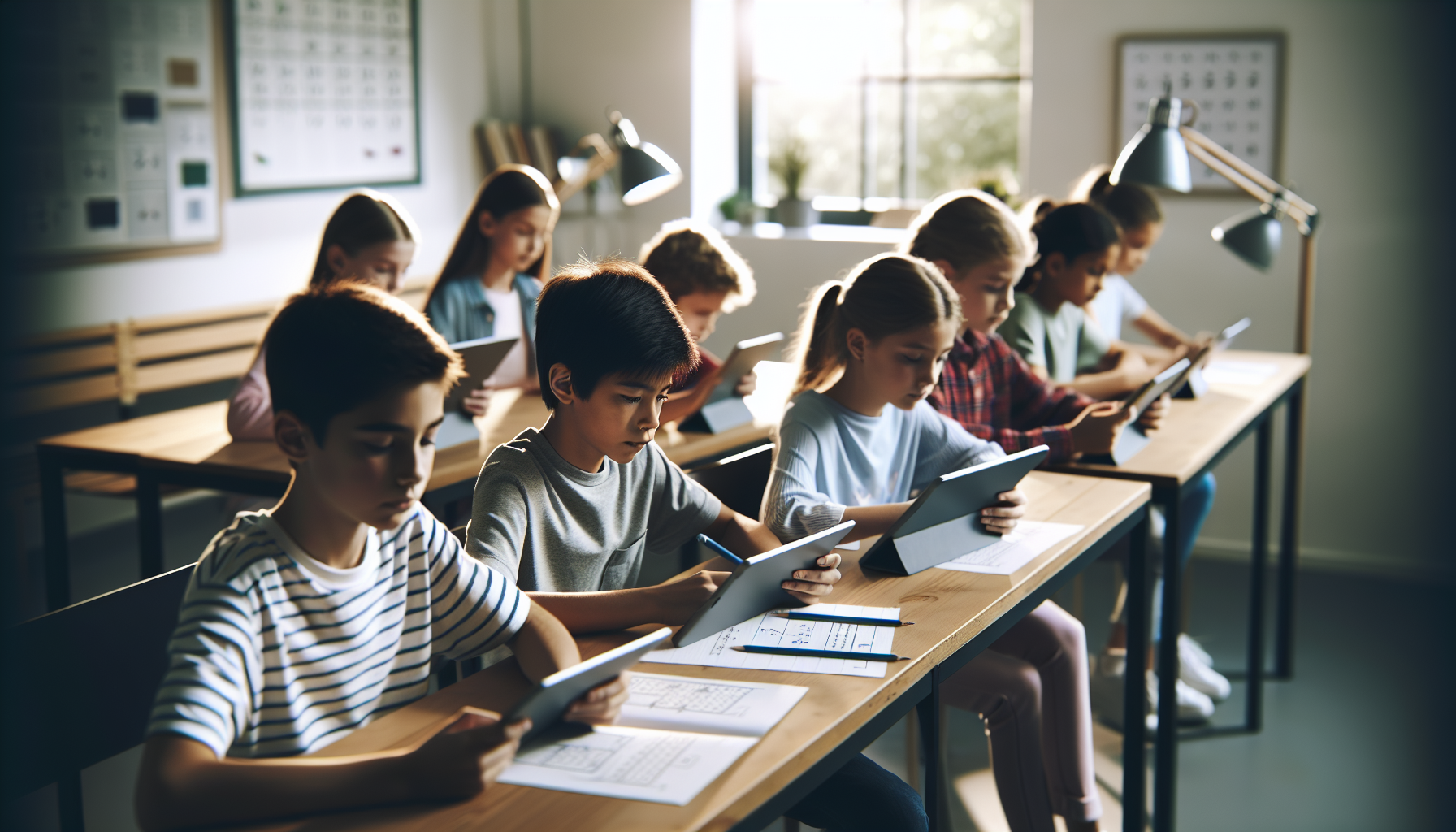 Uczniowie korzystający z tabletów podczas lekcji matematyki