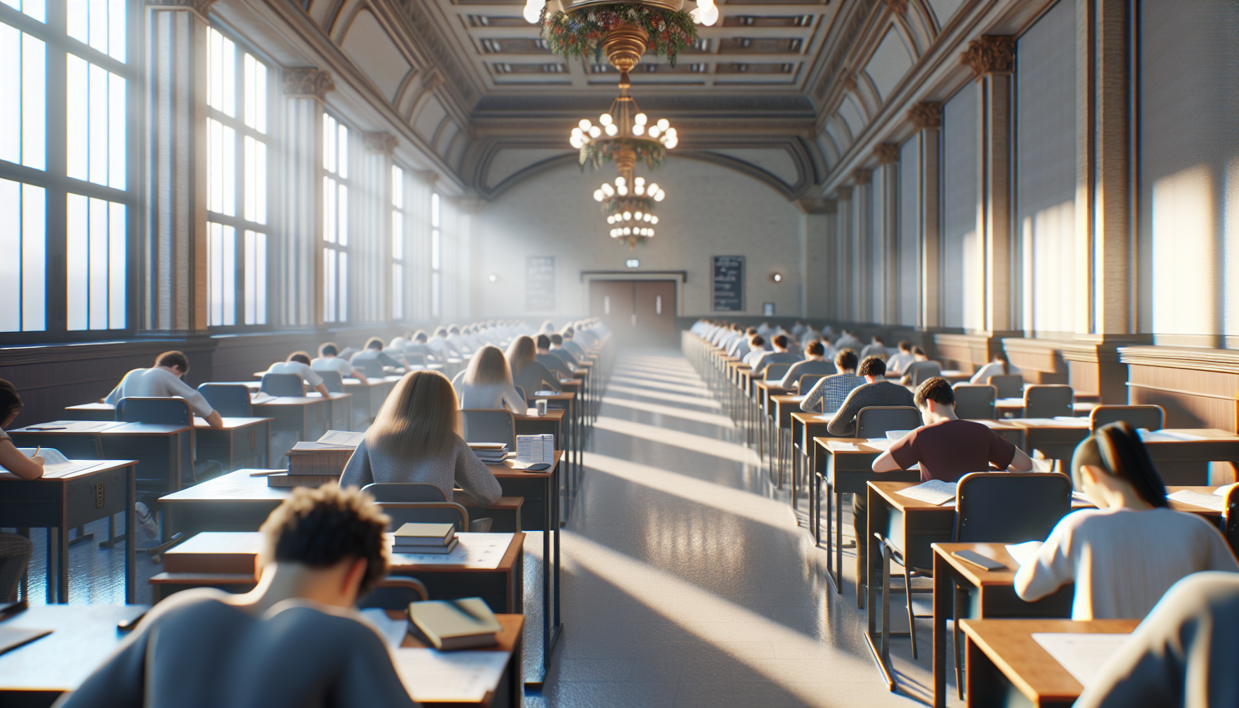 Uczniowie przystępujący do egzaminu maturalnego w sali egzaminacyjnej, naturalne światło wpadające przez okna.