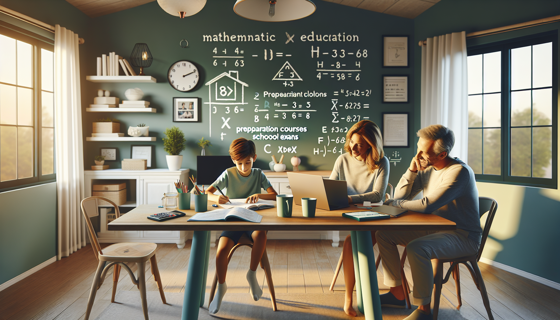 Rodzina siedząca przy stole w jadalni, dziecko odrabiające zadania domowe z matematyki, rodzice pomagają, jasne oświetlenie