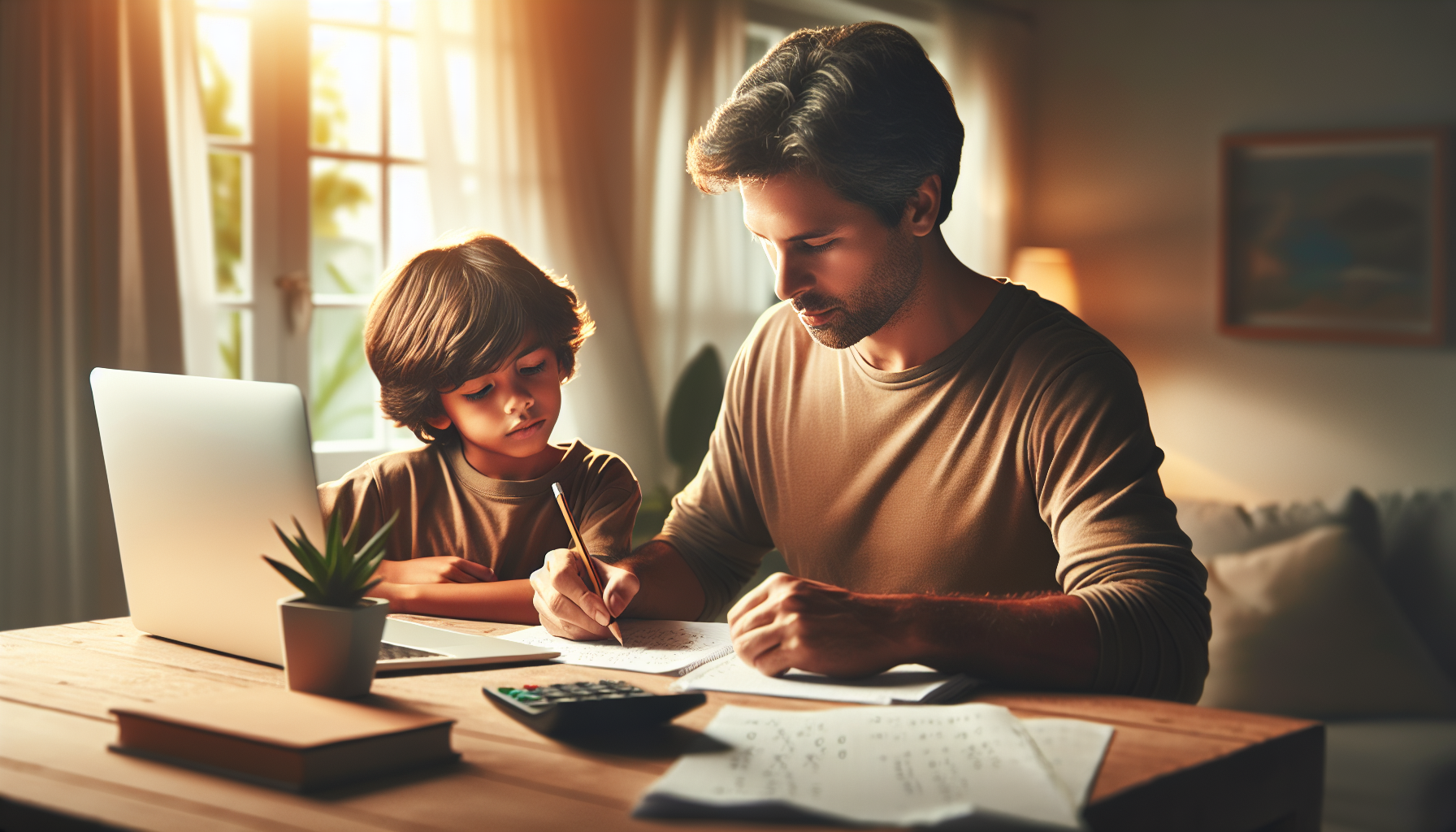Rodzic pomagający dziecku w nauce matematyki w domowym zaciszu, ciepłe oświetlenie