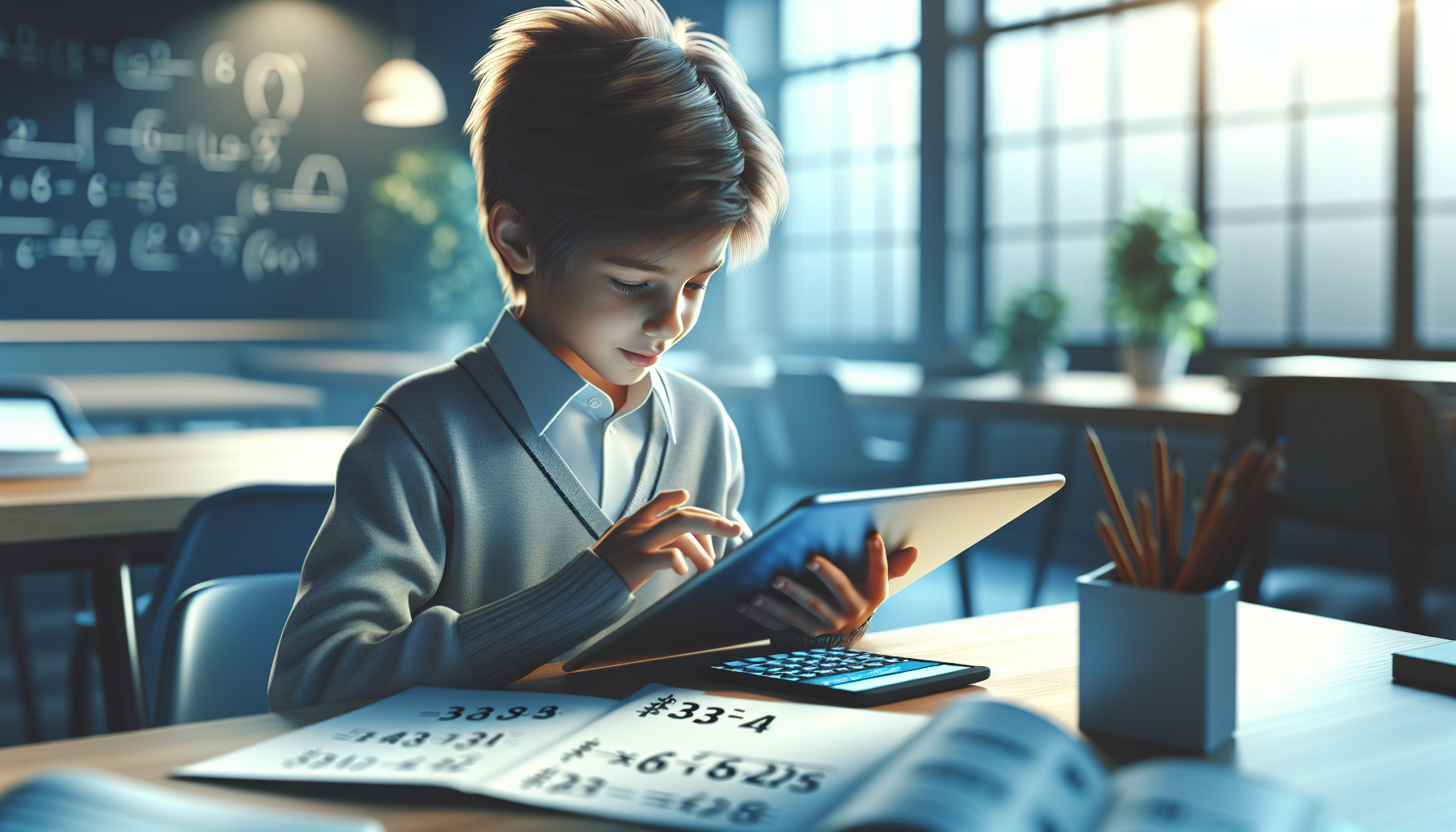 Dziecko uczące się matematyki przy pomocy tabletu, nowoczesne otoczenie